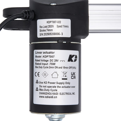 Linear actuator with specifications label on a white background