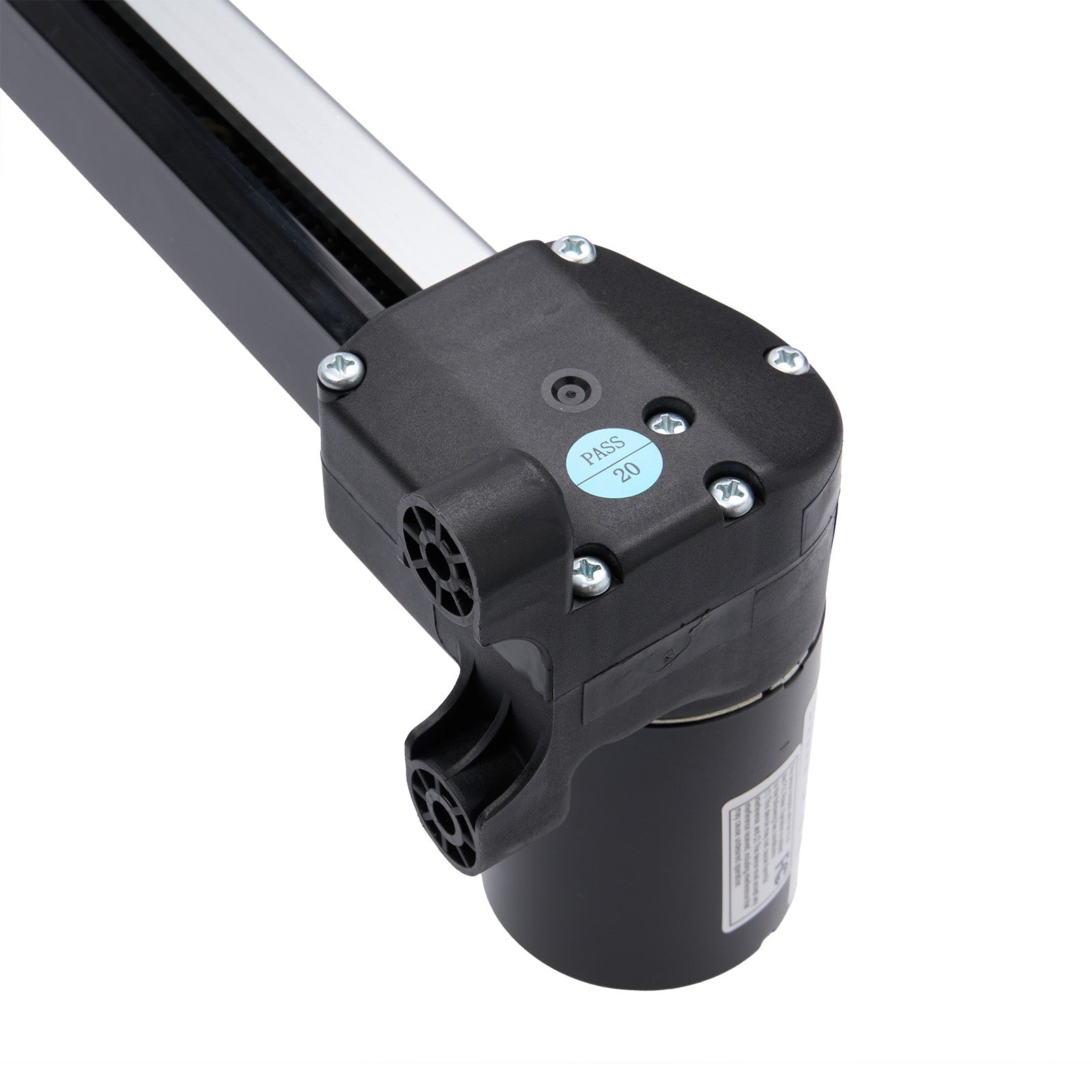 Black mechanical component with visible branding on a white background