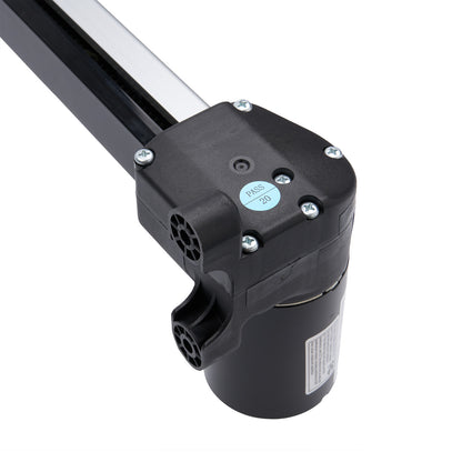 Black mechanical component with visible branding on a white background