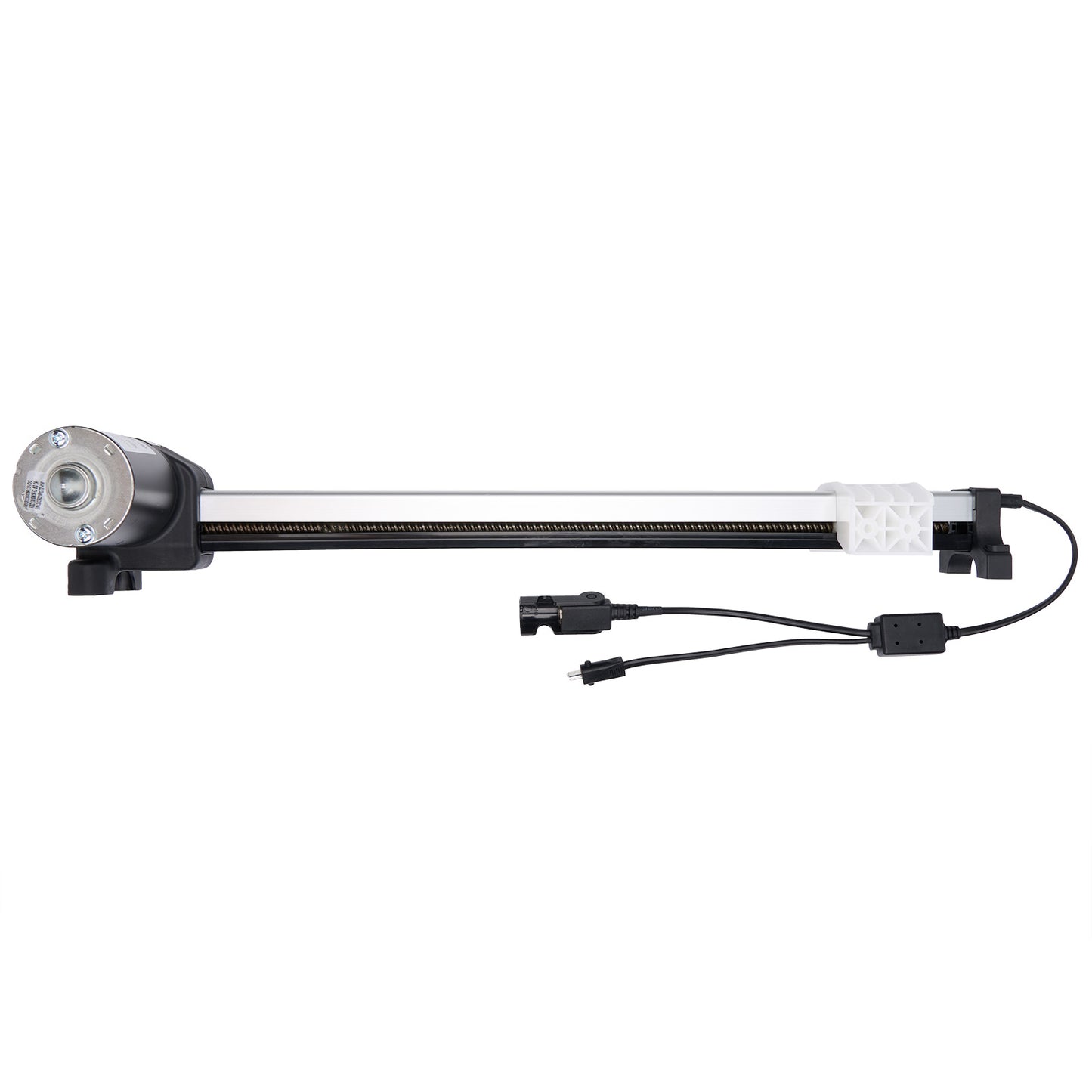 Lighting fixture with a cylindrical head and flexible arm on a white background
