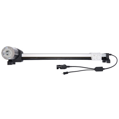 Lighting fixture with a cylindrical head and flexible arm on a white background
