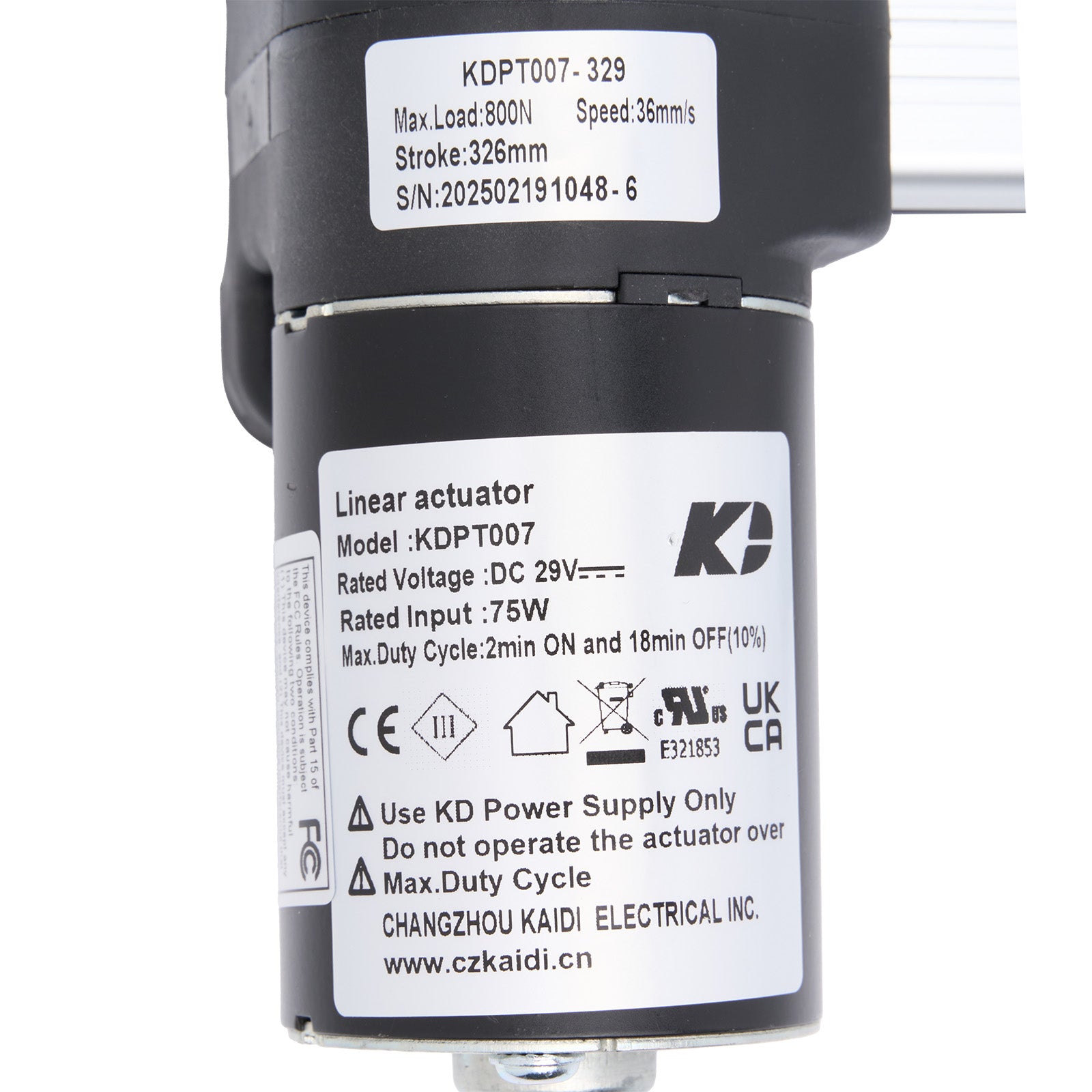 Linear actuator with label on a white background