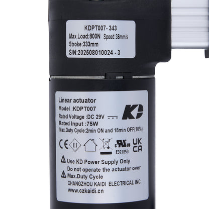 Linear actuator with specifications and branding on a white background
