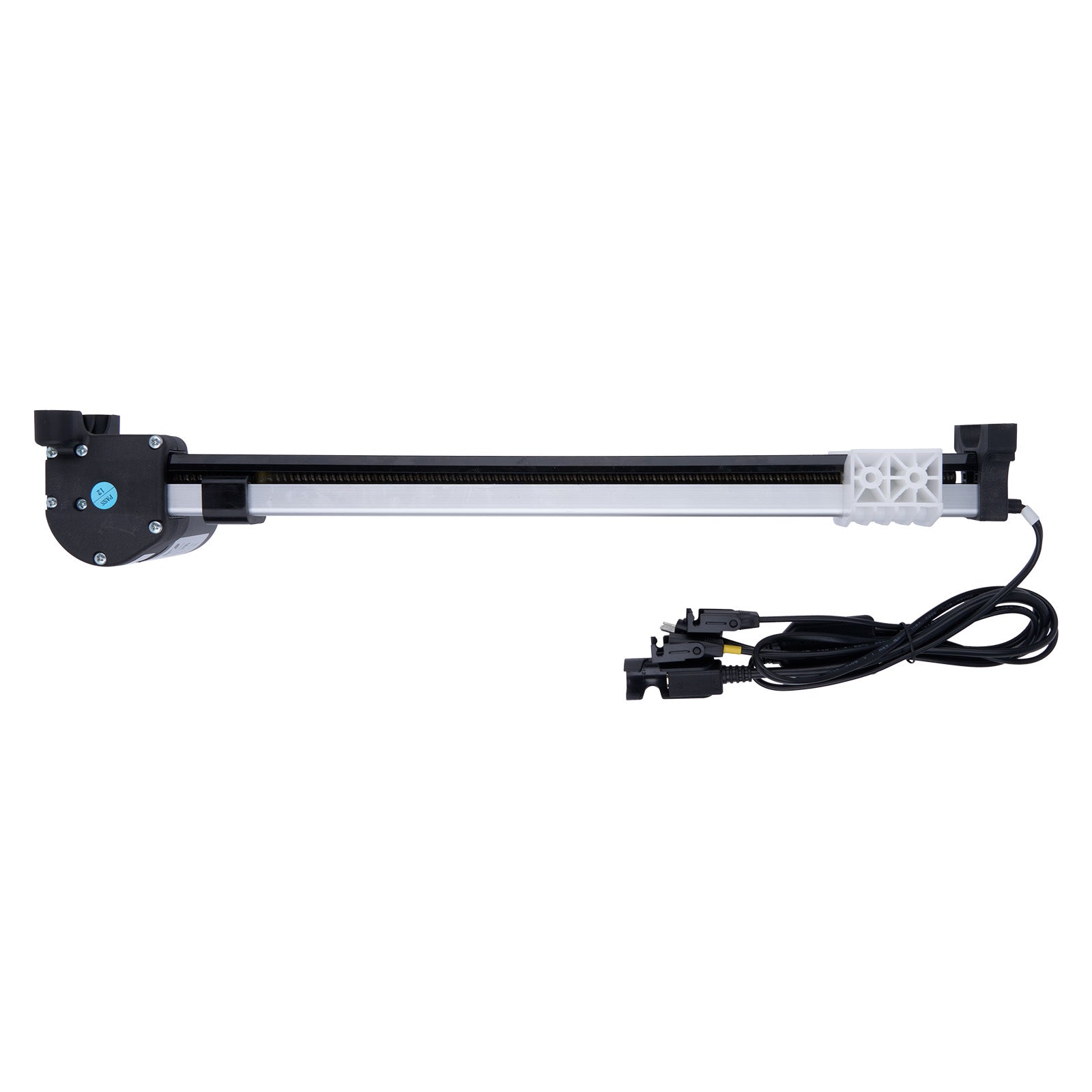 Long rectangular electronic device with a cable on a white background