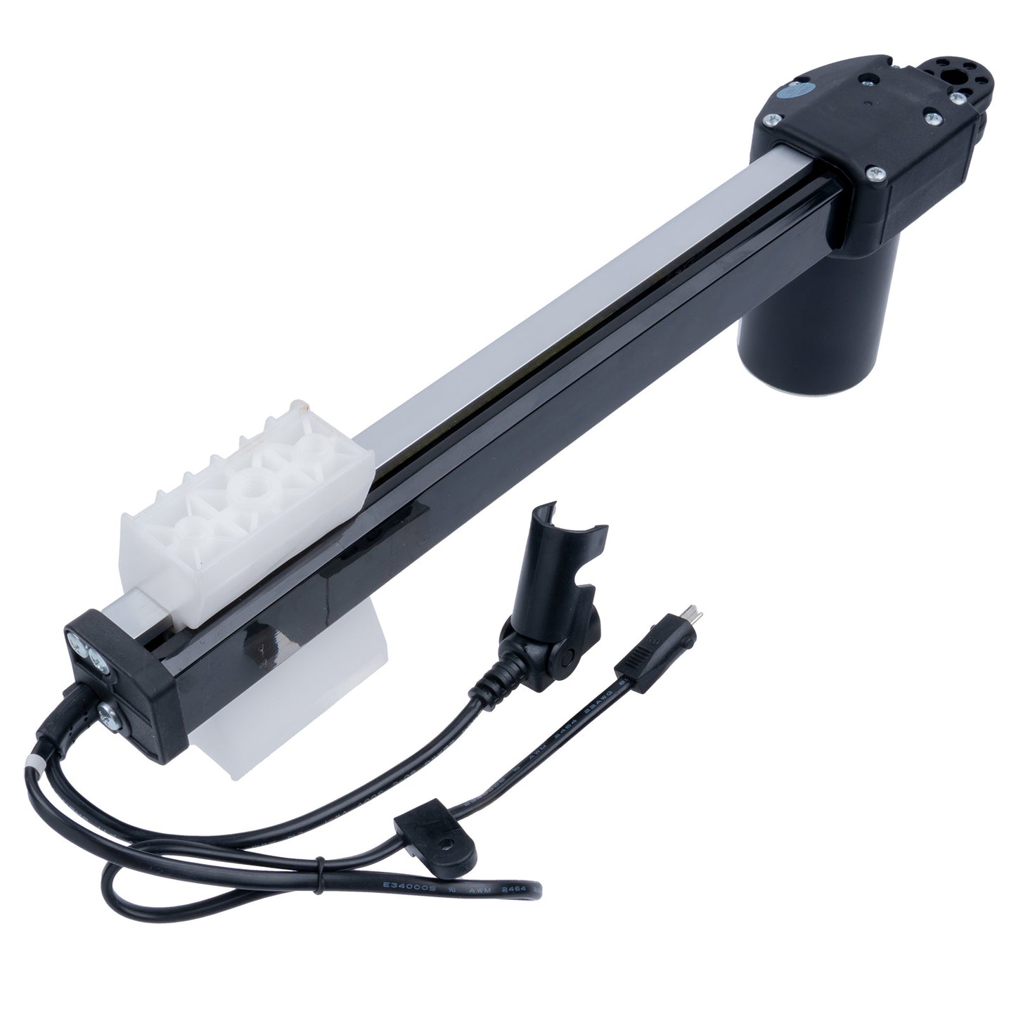 Mechanical arm with gears and wiring on a white background