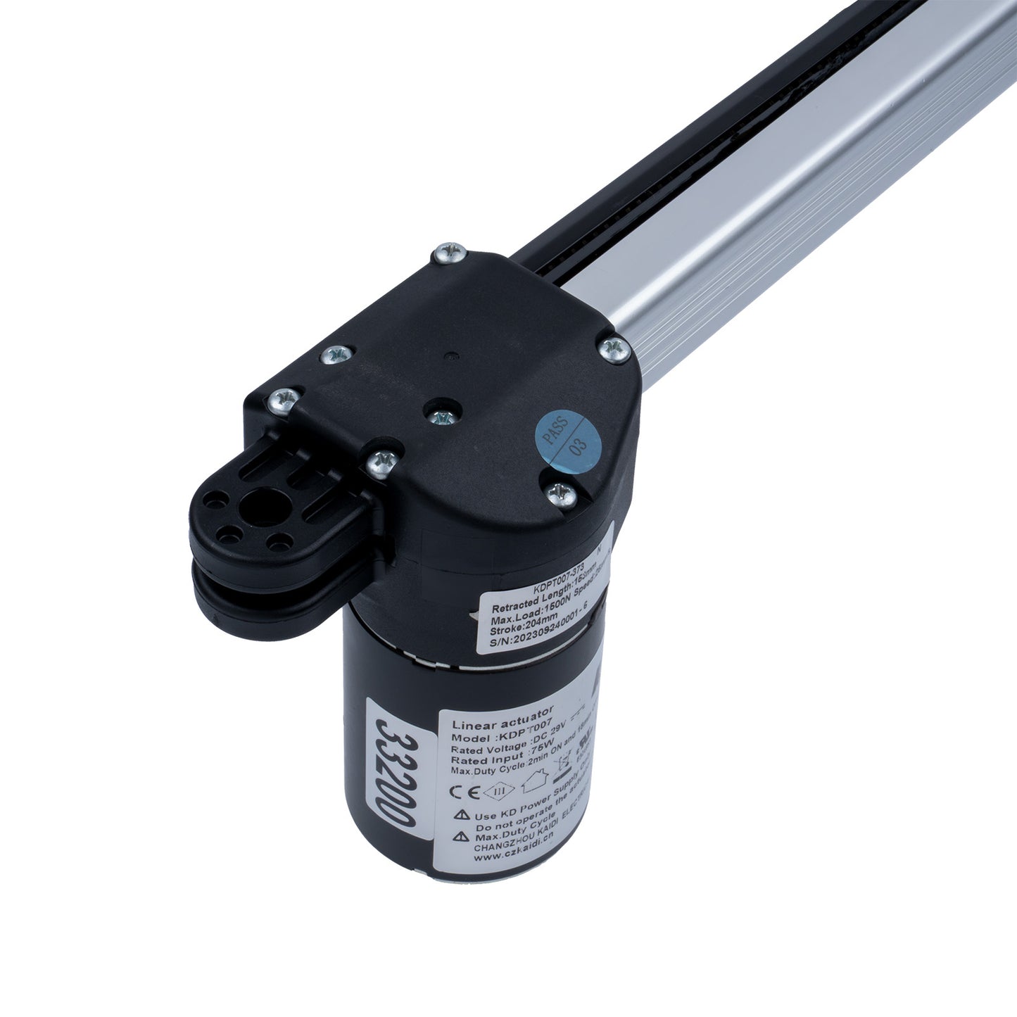Linear actuator with visible branding on a white background