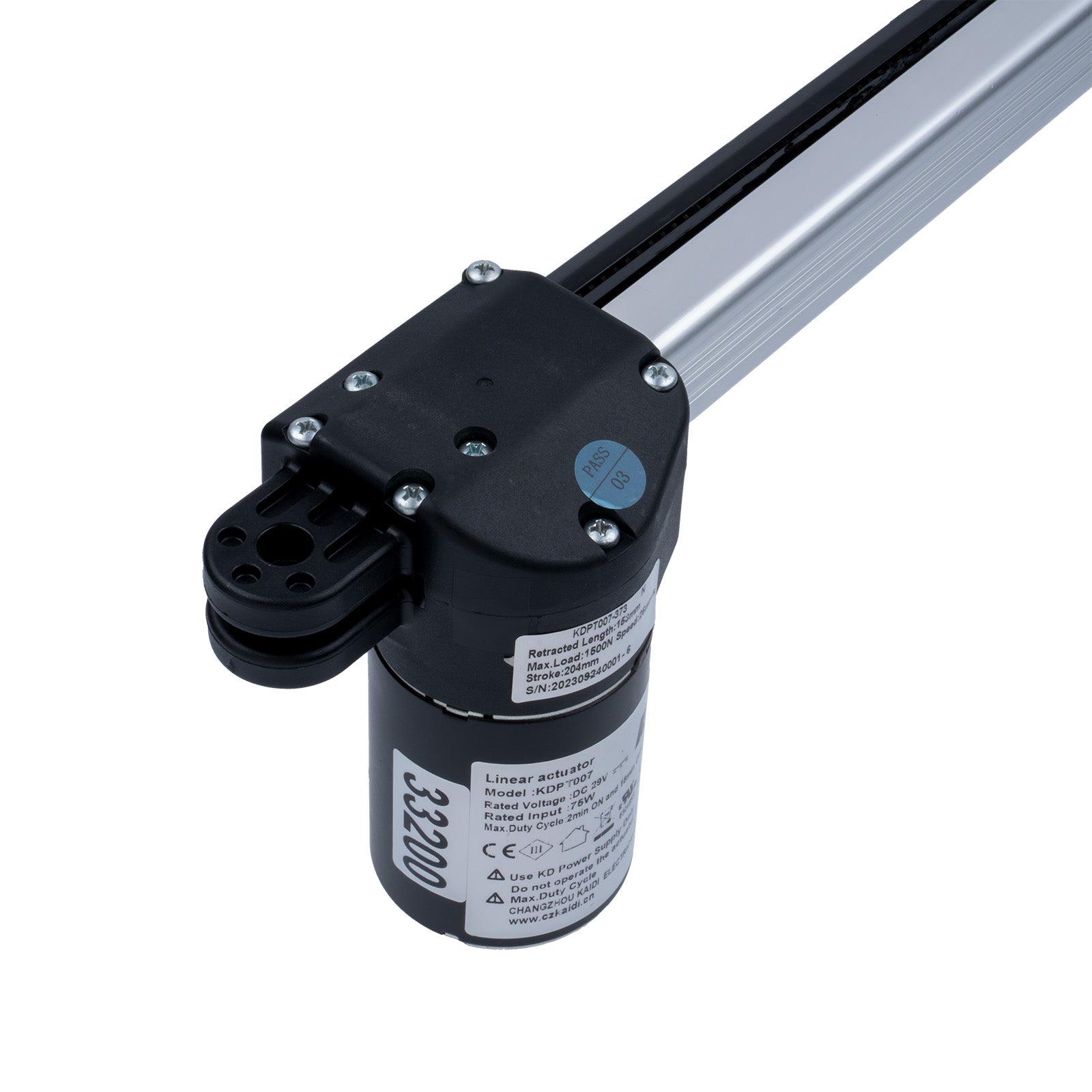 Linear actuator with visible branding on a white background