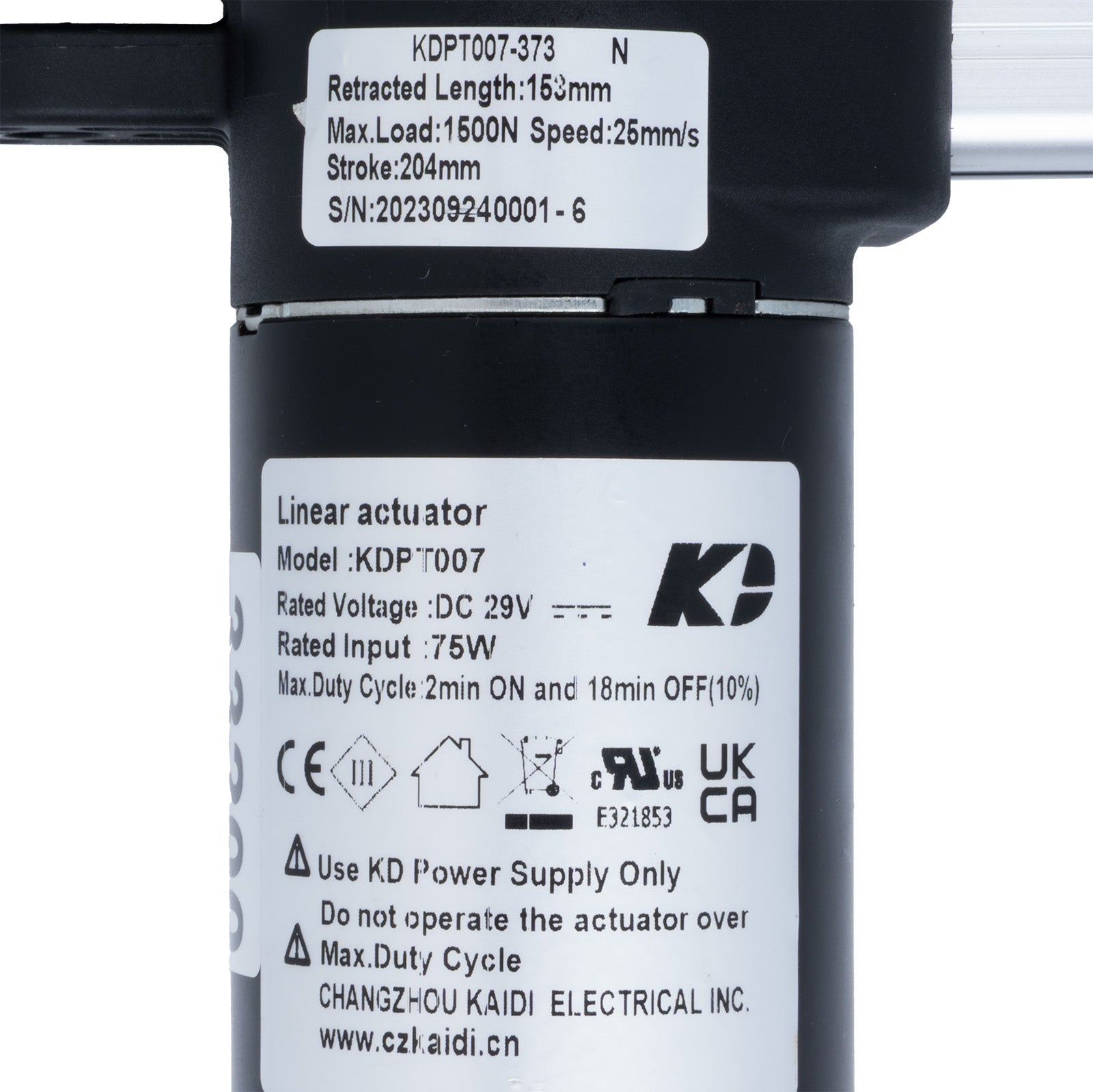 Linear actuator with specifications and branding on a white background