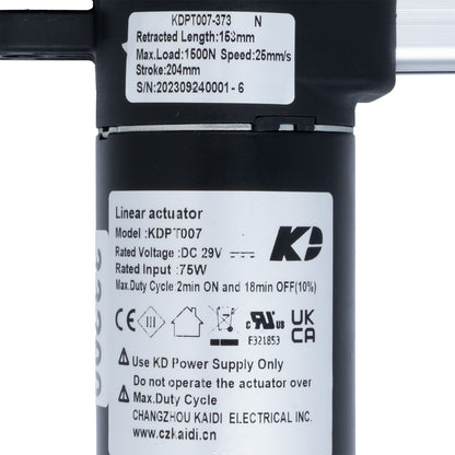 Linear actuator with specifications and branding on a white background
