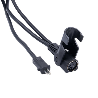 Black audio cable with plug and connector on a white background