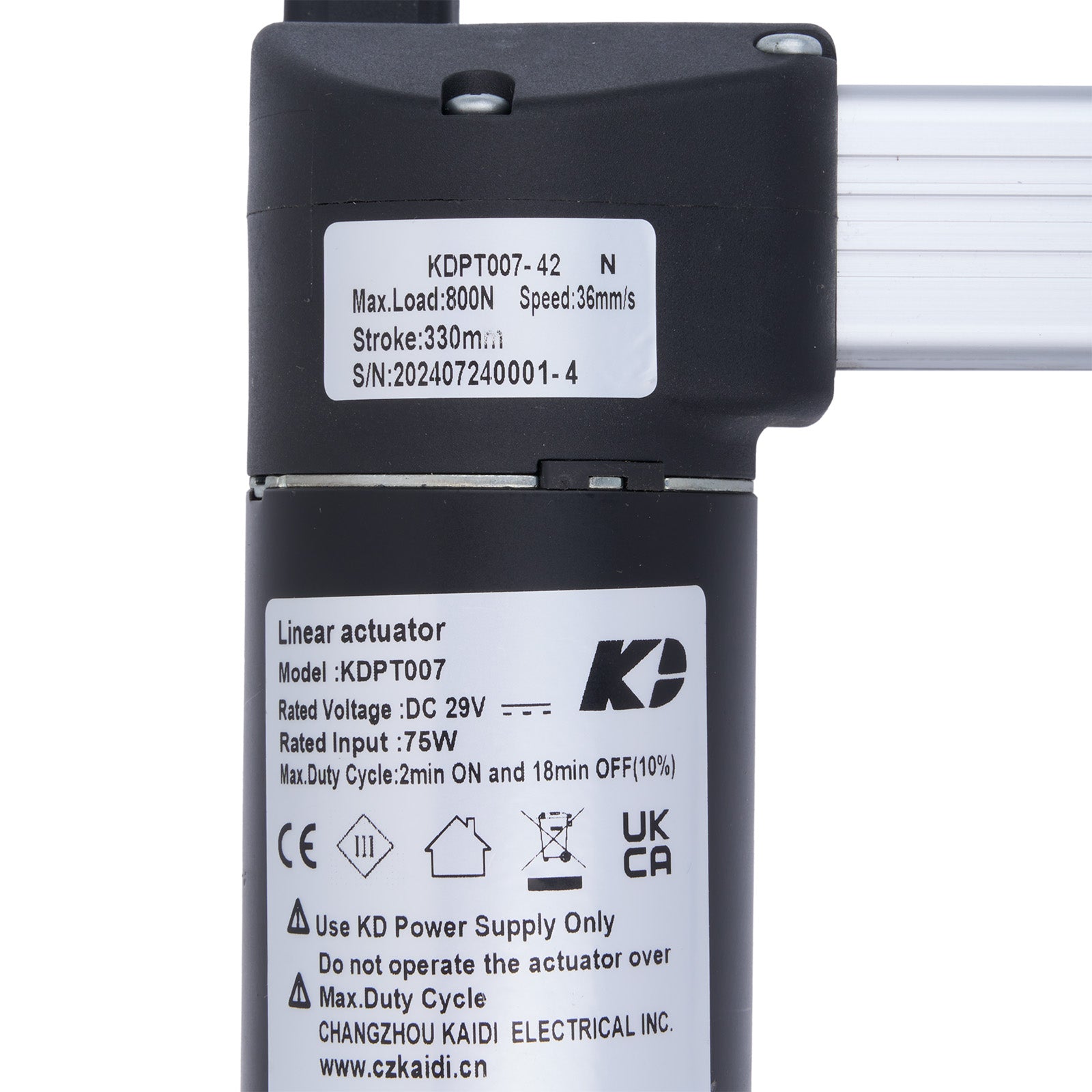 Linear actuator with specifications label on a white background
