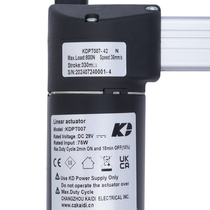 Linear actuator with specifications label on a white background