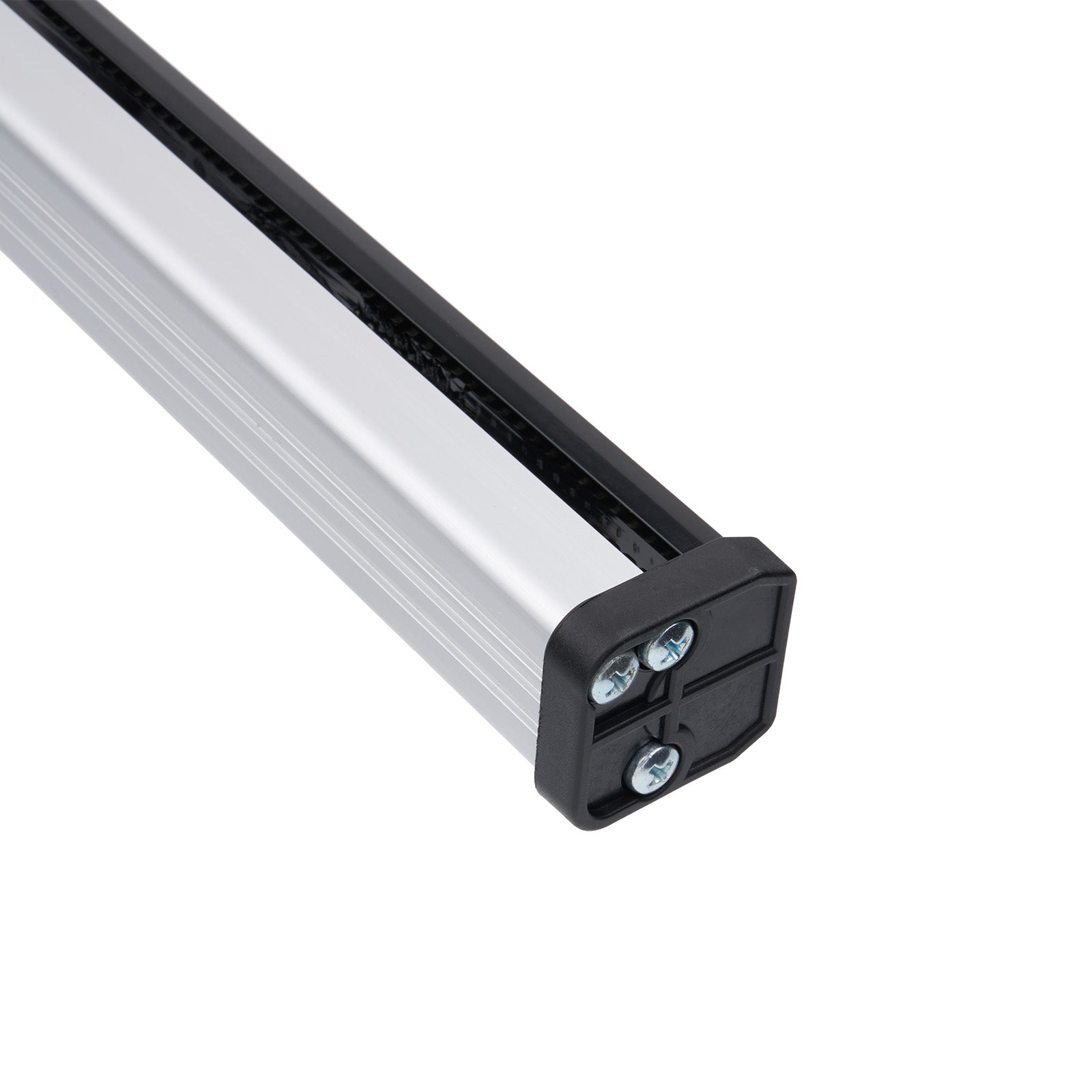 Metallic strip with black and silver components on a white background