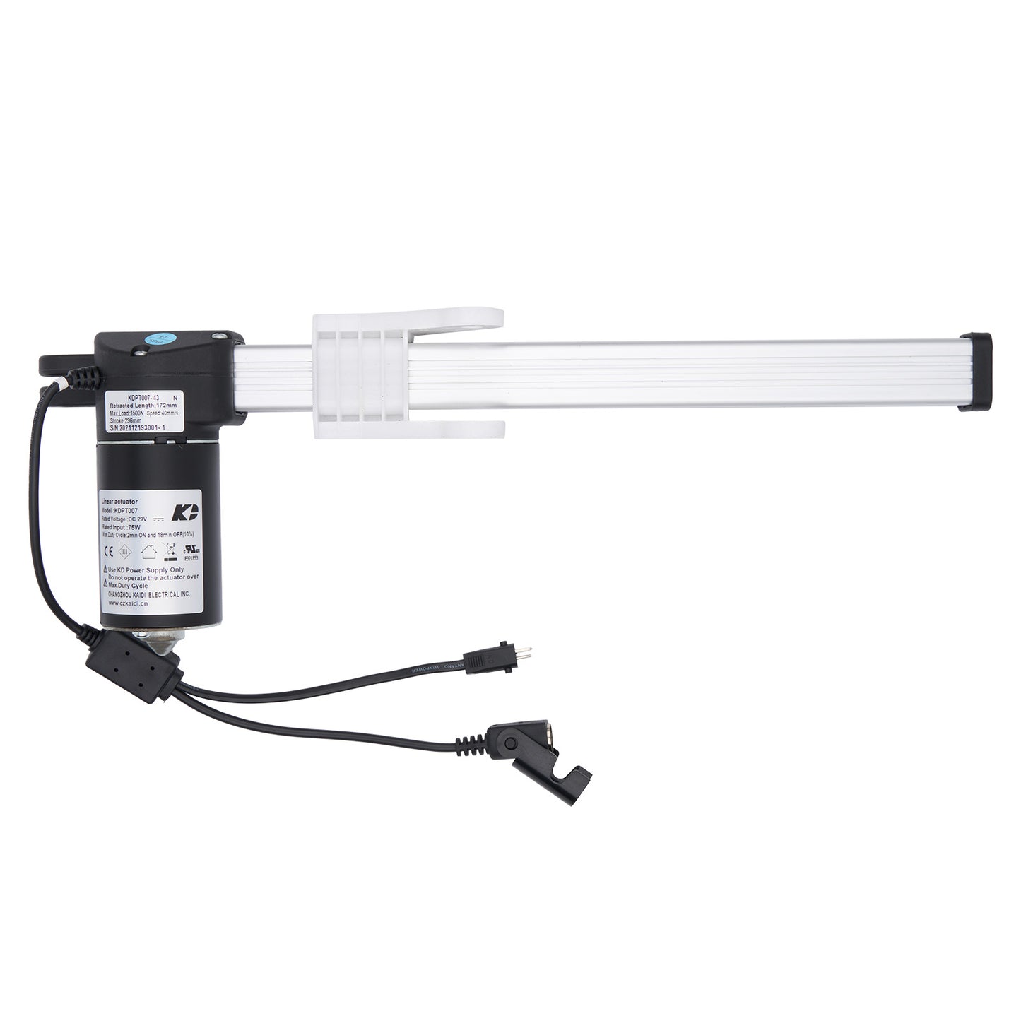 Electrical component with black housing and white cable on a white background