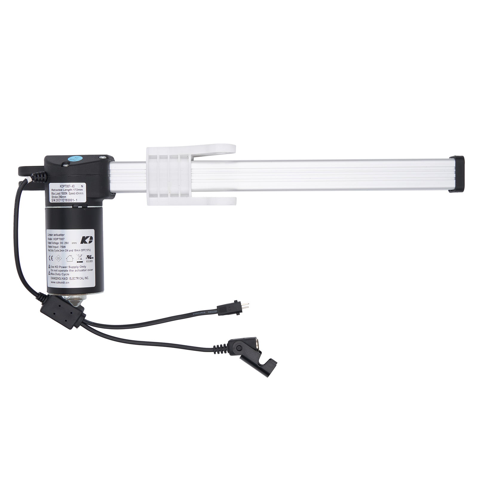 Electrical component with black housing and white cable on a white background