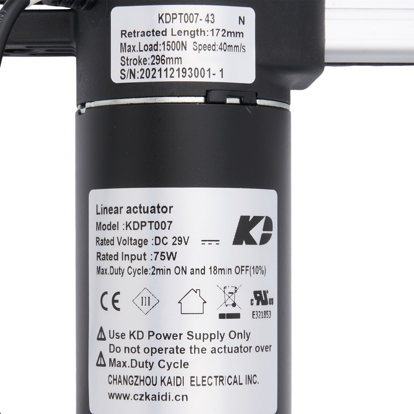 Linear actuator with specifications label on a white background