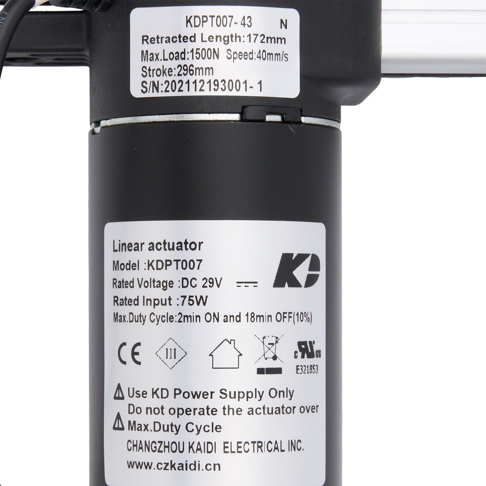 Linear actuator with specifications label on a white background