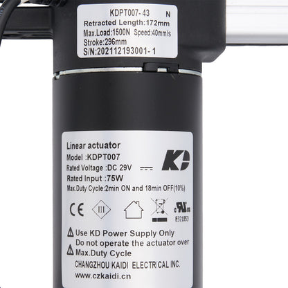 Linear actuator with specifications label on a white background