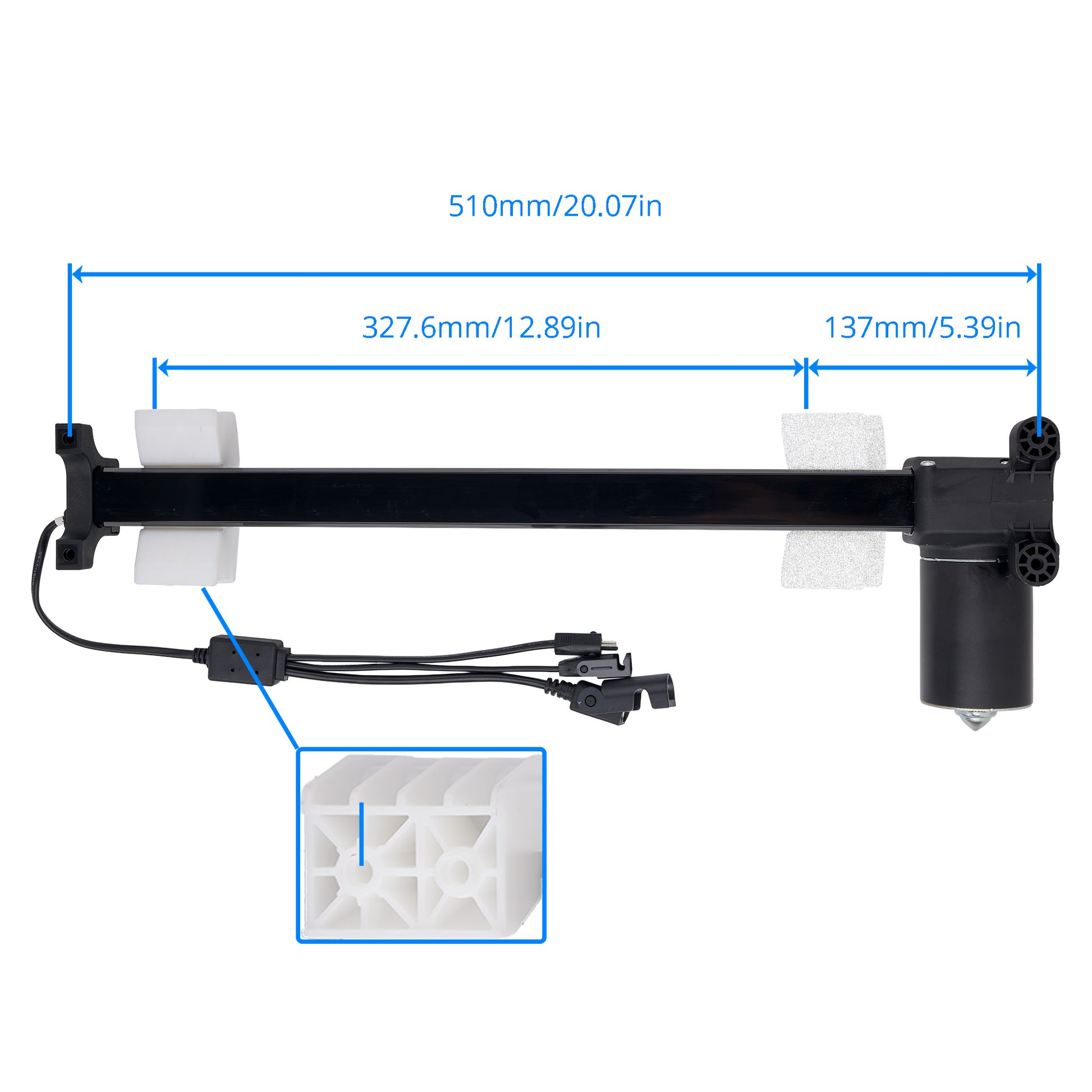 Black linear rail slider with an attached black motor and wiring harness, shown on a white background with blue dimension lines indicating 510mm total length, 327.6mm center section, and 137mm motor housing width.
