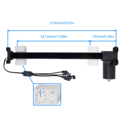 Black linear rail slider with an attached black motor and wiring harness, shown on a white background with blue dimension lines indicating 510mm total length, 327.6mm center section, and 137mm motor housing width.