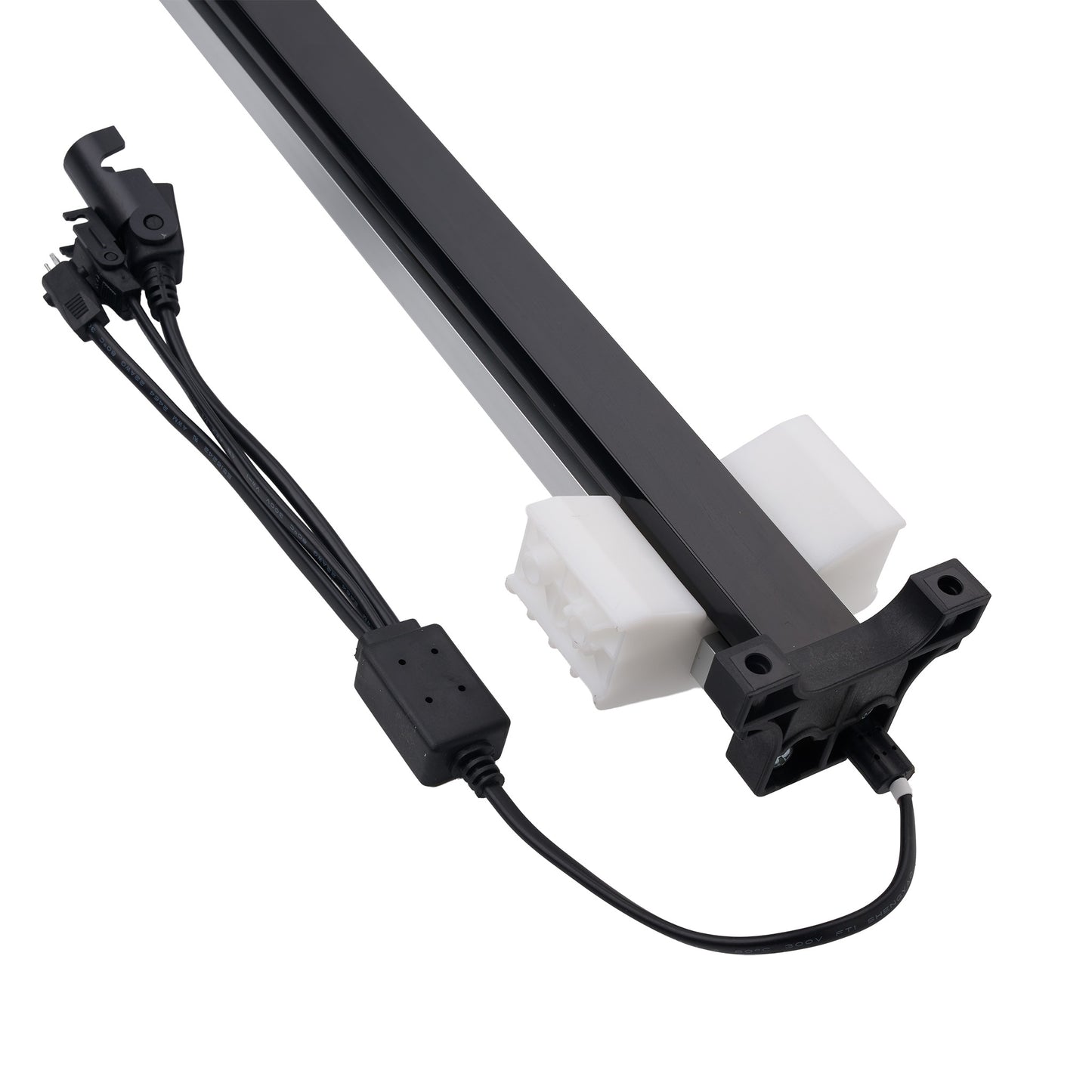 A black linear rail assembly with white plastic end blocks and attached black wiring harnesses, photographed on a plain white background.