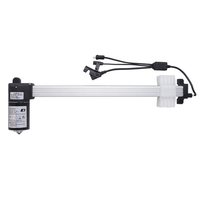 A linear electric motor slide rail assembly with a black motor unit, white rails, a white plastic end cap, and black wiring connectors, shown against a plain white background.