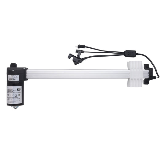 A linear electric motor slide rail assembly with a black motor unit, white rails, a white plastic end cap, and black wiring connectors, shown against a plain white background.