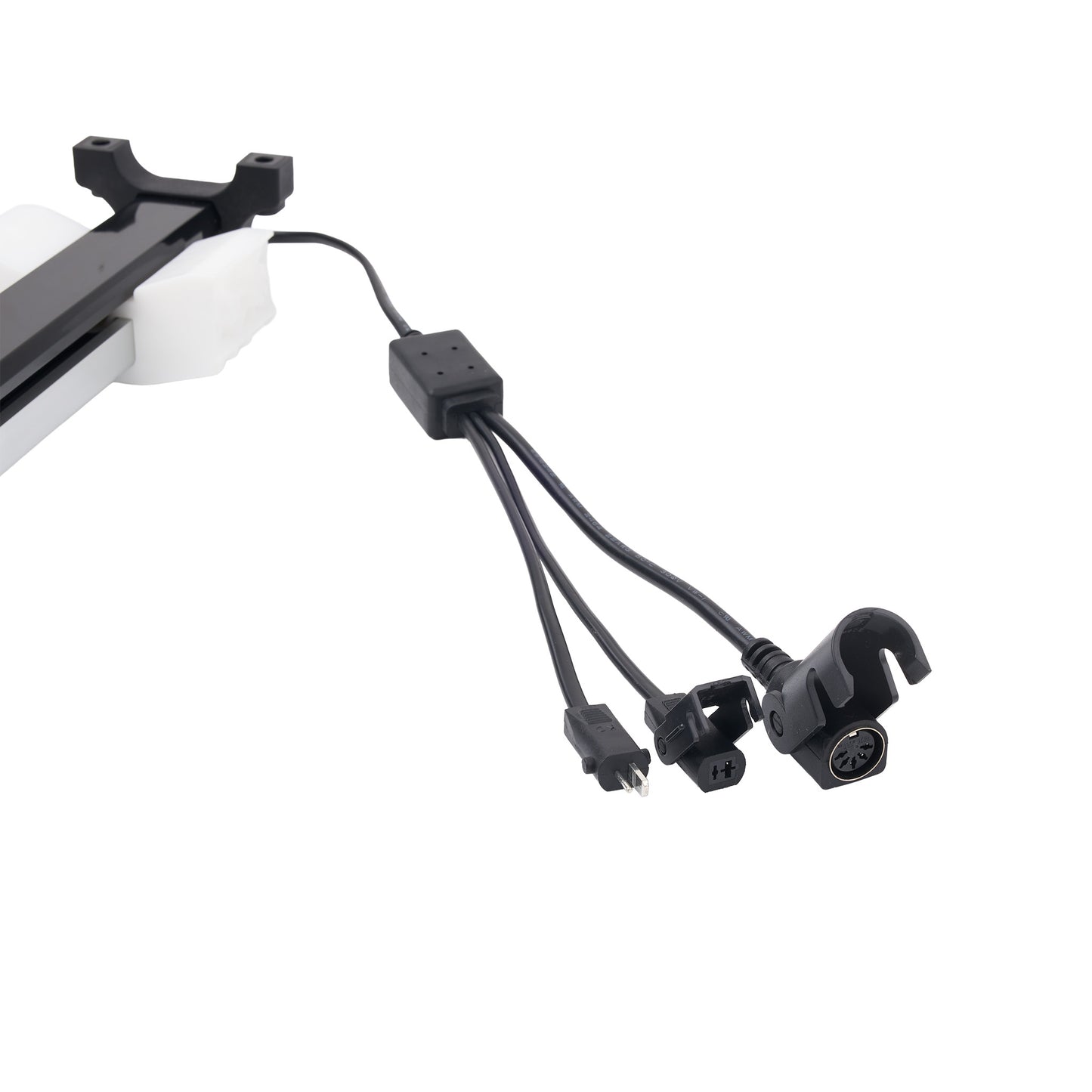 Black multi-connector cable assembly with a rectangular inline box and three output plugs, shown against a plain white background.