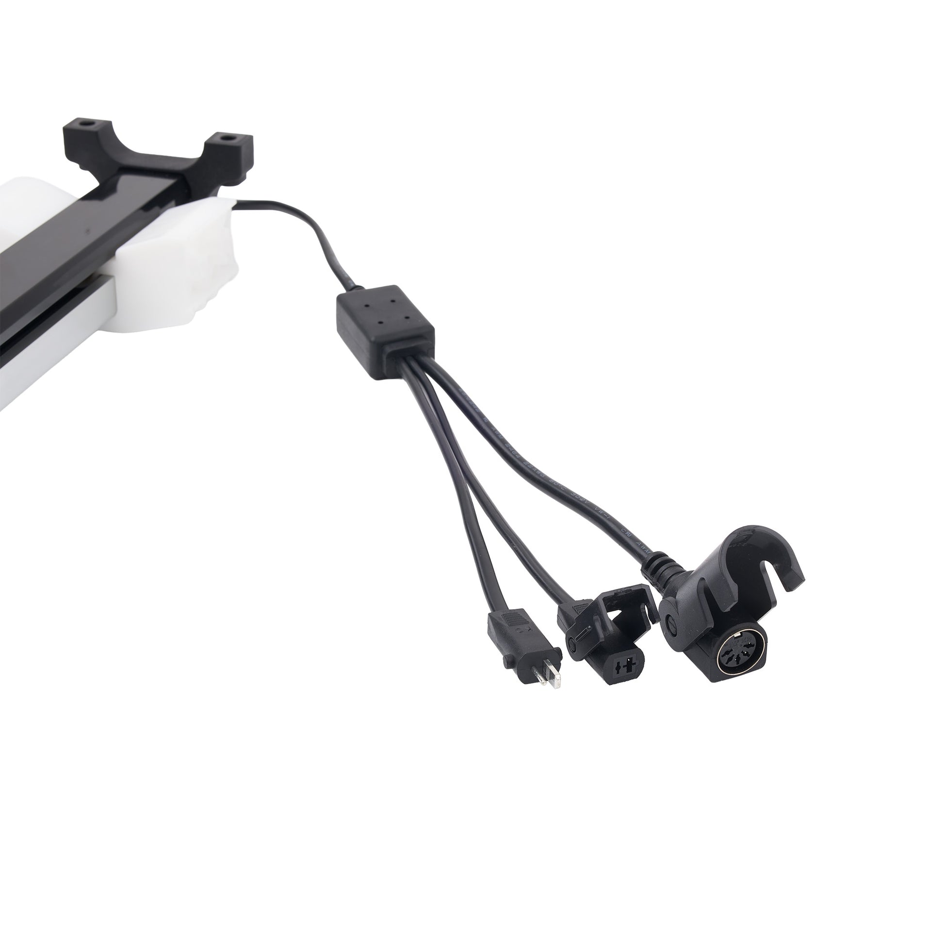 Black multi-connector cable assembly with a rectangular inline box and three output plugs, shown against a plain white background.