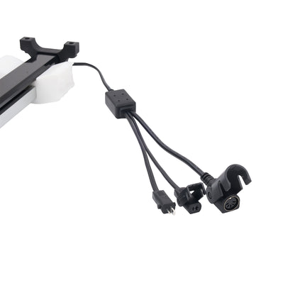 Black multi-connector cable assembly with a rectangular inline box and three output plugs, shown against a plain white background.