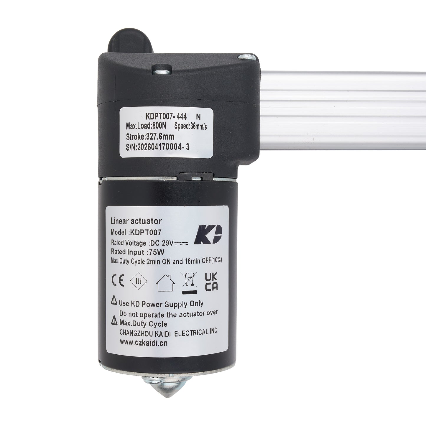 A black linear actuator motor with white technical specification labels, shown against a plain white background with a silver metal rod extending from the side.