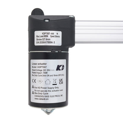 A black linear actuator motor with white technical specification labels, shown against a plain white background with a silver metal rod extending from the side.