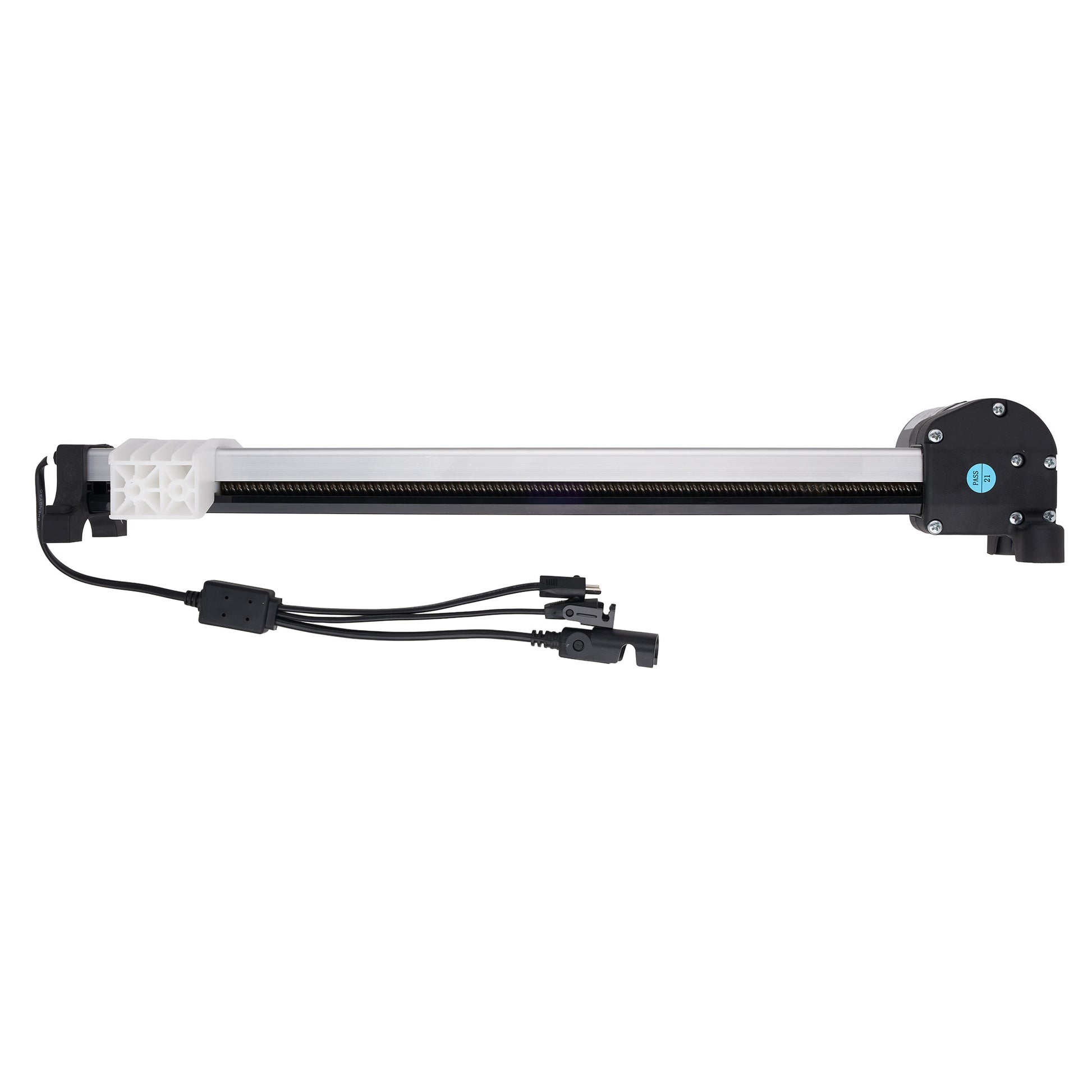 A linear motion slide assembly with a black rail, a white textured end cap, and a black motor housing on the right, complete with attached black control cables, shown against a plain white background.