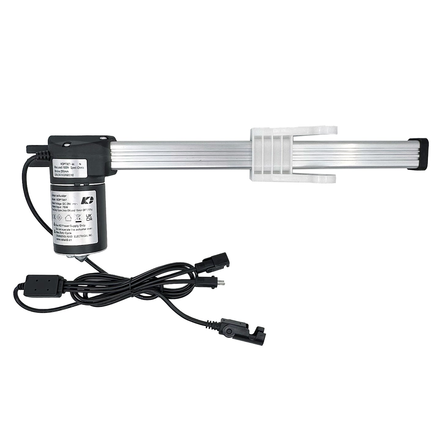 A KAIDI KDPT007-44 N linear actuator, with a silver/gray body, black motor housing, and attached power cables.