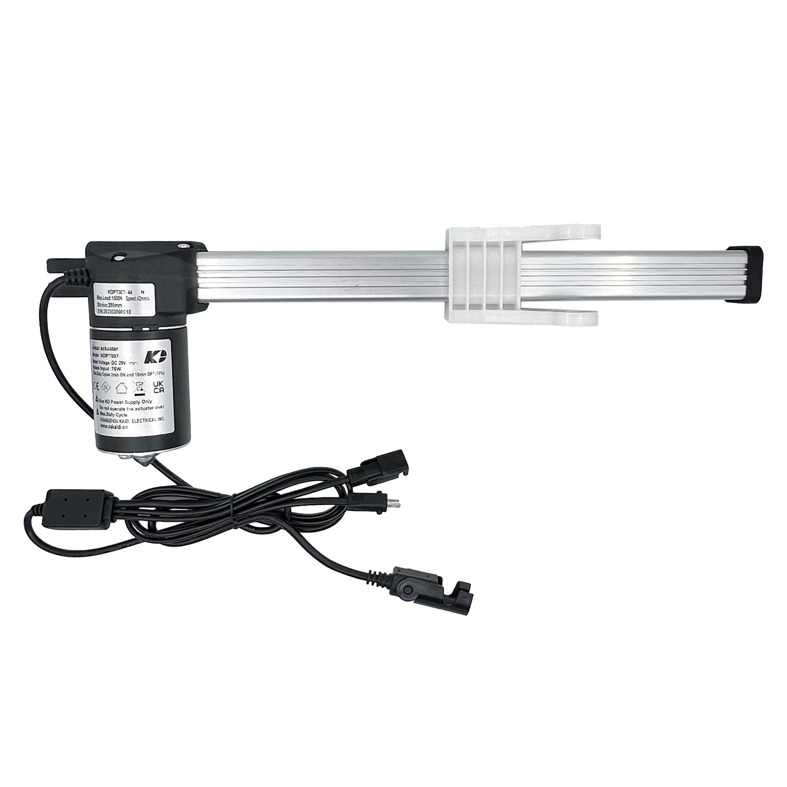 A KAIDI KDPT007-44 N linear actuator, with a silver/gray body, black motor housing, and attached power cables.