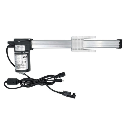 A KAIDI KDPT007-44 N linear actuator, with a silver/gray body, black motor housing, and attached power cables.