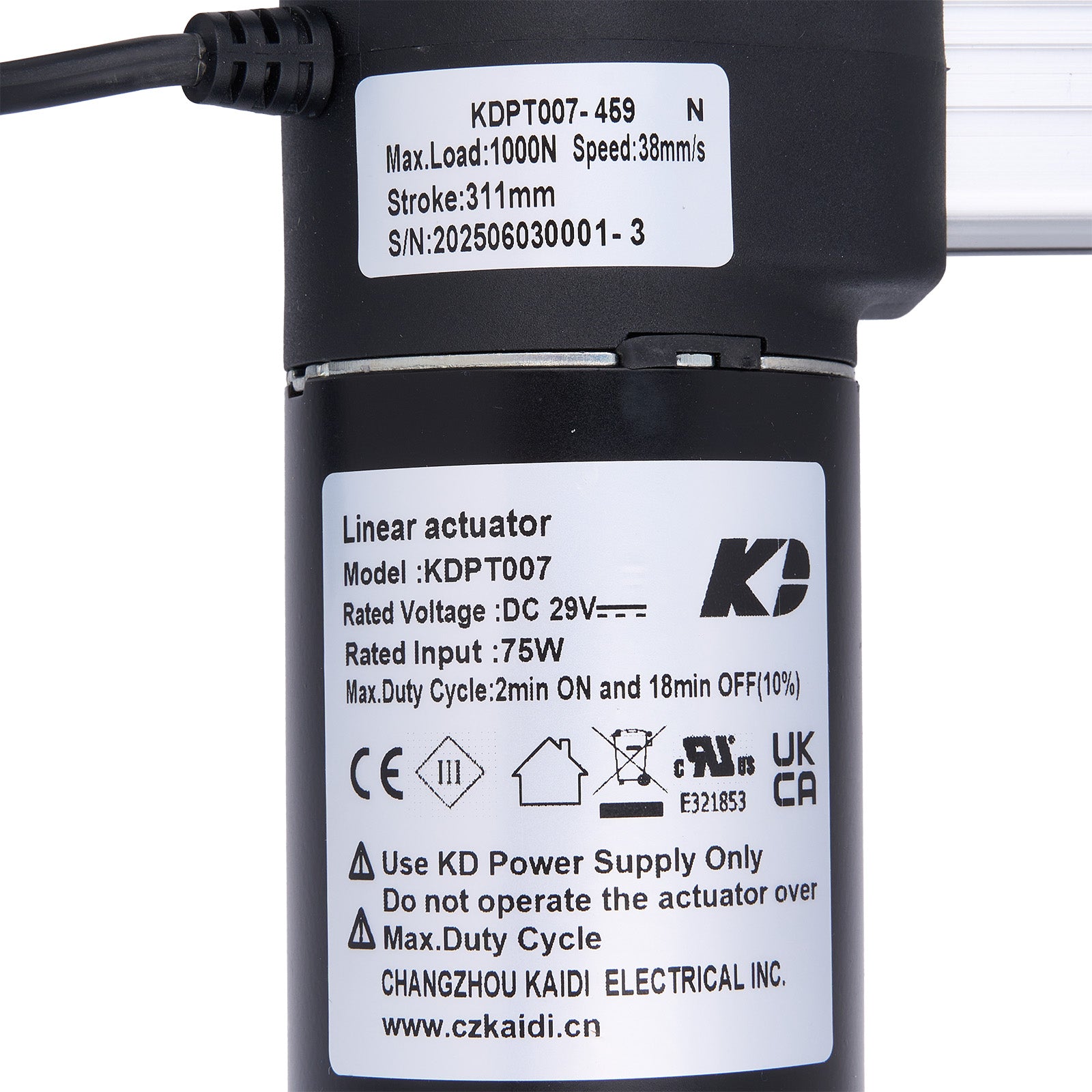 Linear actuator with specifications label on a white background