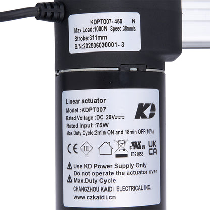 Linear actuator with specifications label on a white background