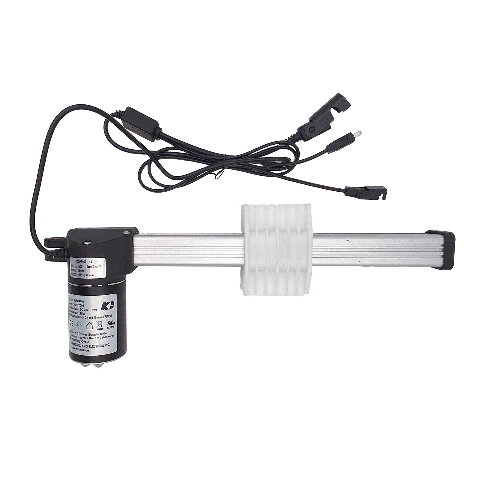 A Kaidi linear actuator motor assembly with a black body, connected to a white shaft and electrical wiring.