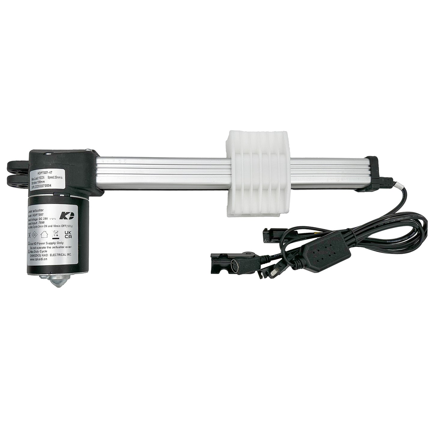 A black and silver linear actuator with a remote control and power adapter, designed for use in recliner or lift chairs.