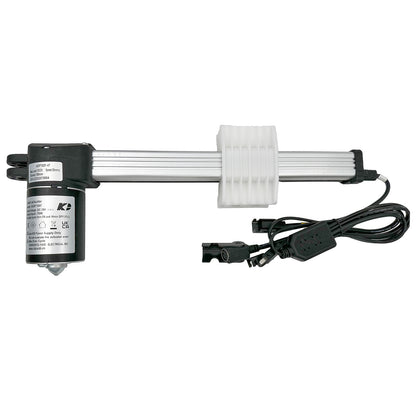 A black and silver linear actuator with a remote control and power adapter, designed for use in recliner or lift chairs.