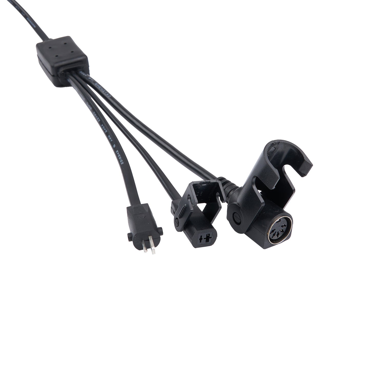 Black audio cable with various connectors on a white background