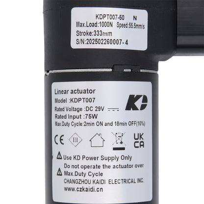 Linear actuator with technical specifications label on a white background
