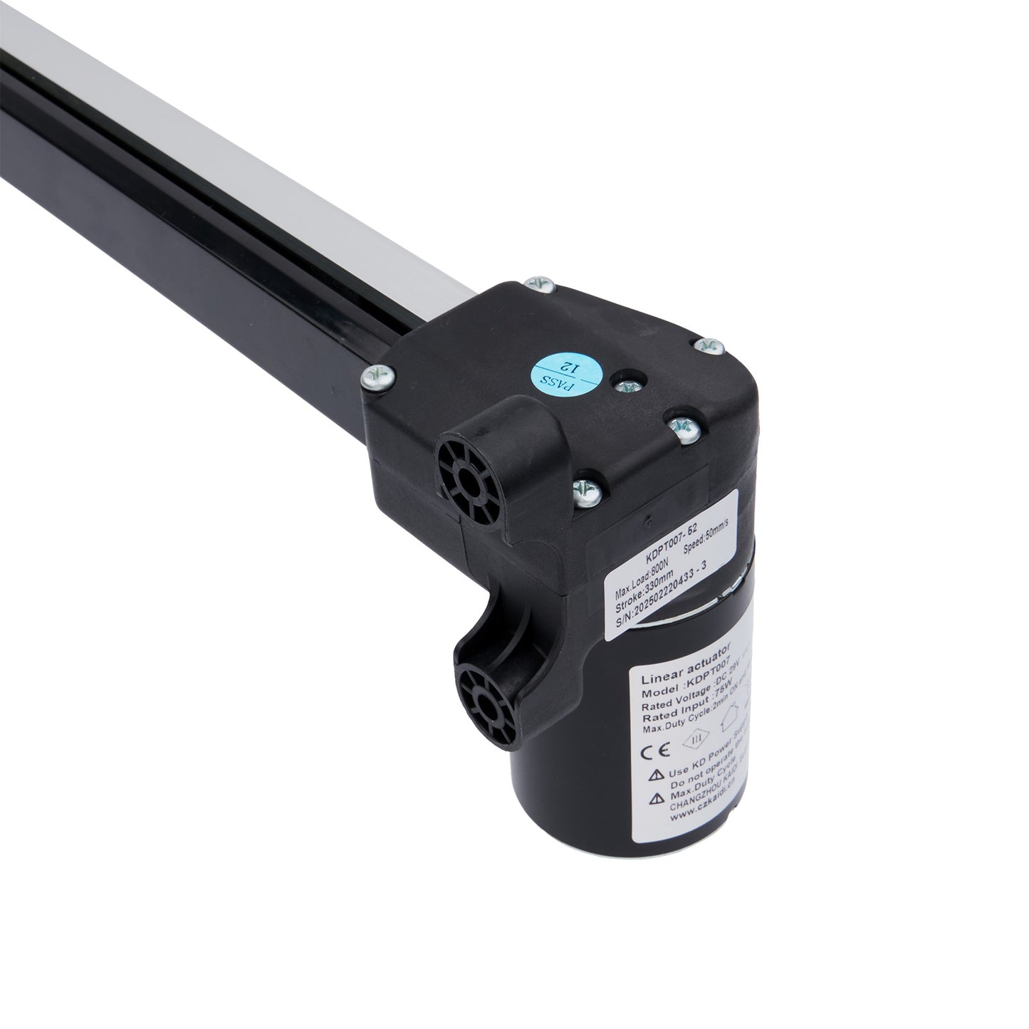 Black linear actuator with label on a white background