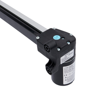 Black linear actuator with label on a white background