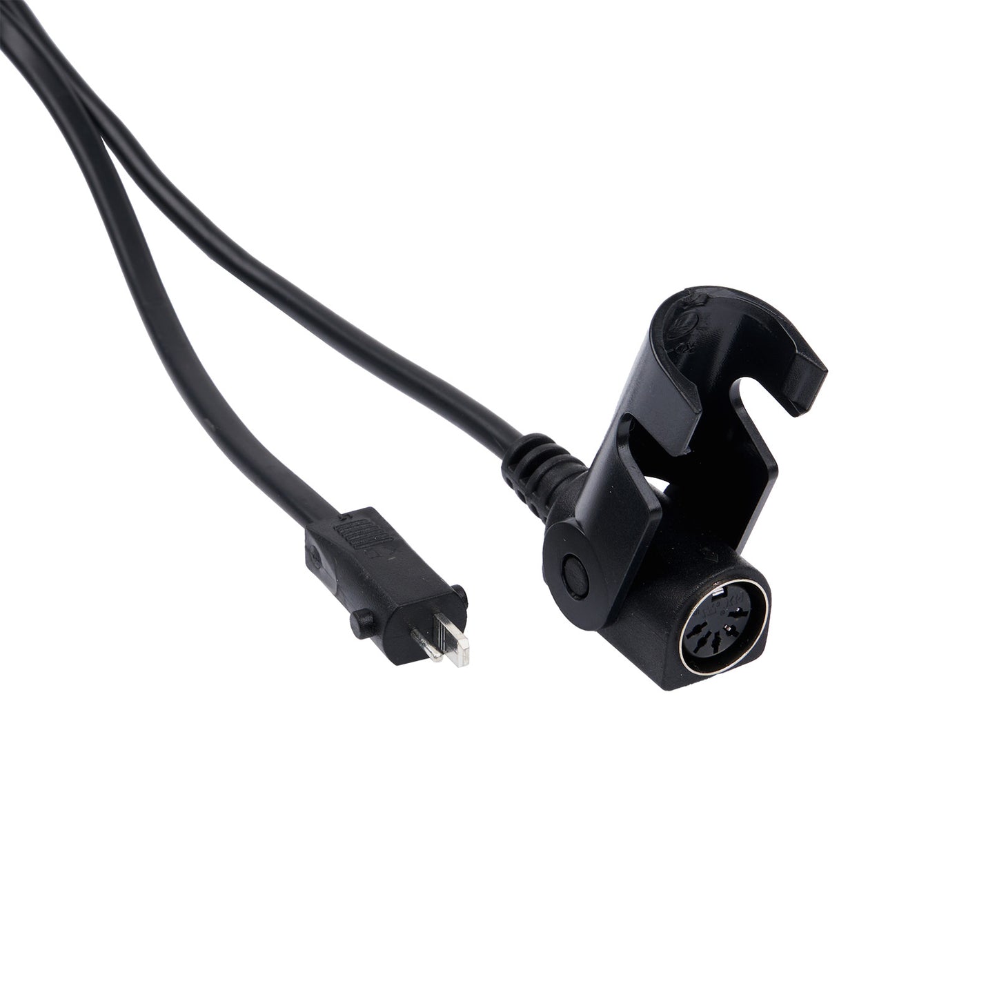 Black audio cable with plug and connector on a white background