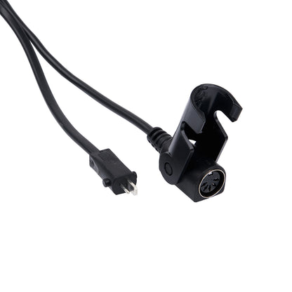 Black audio cable with plug and connector on a white background