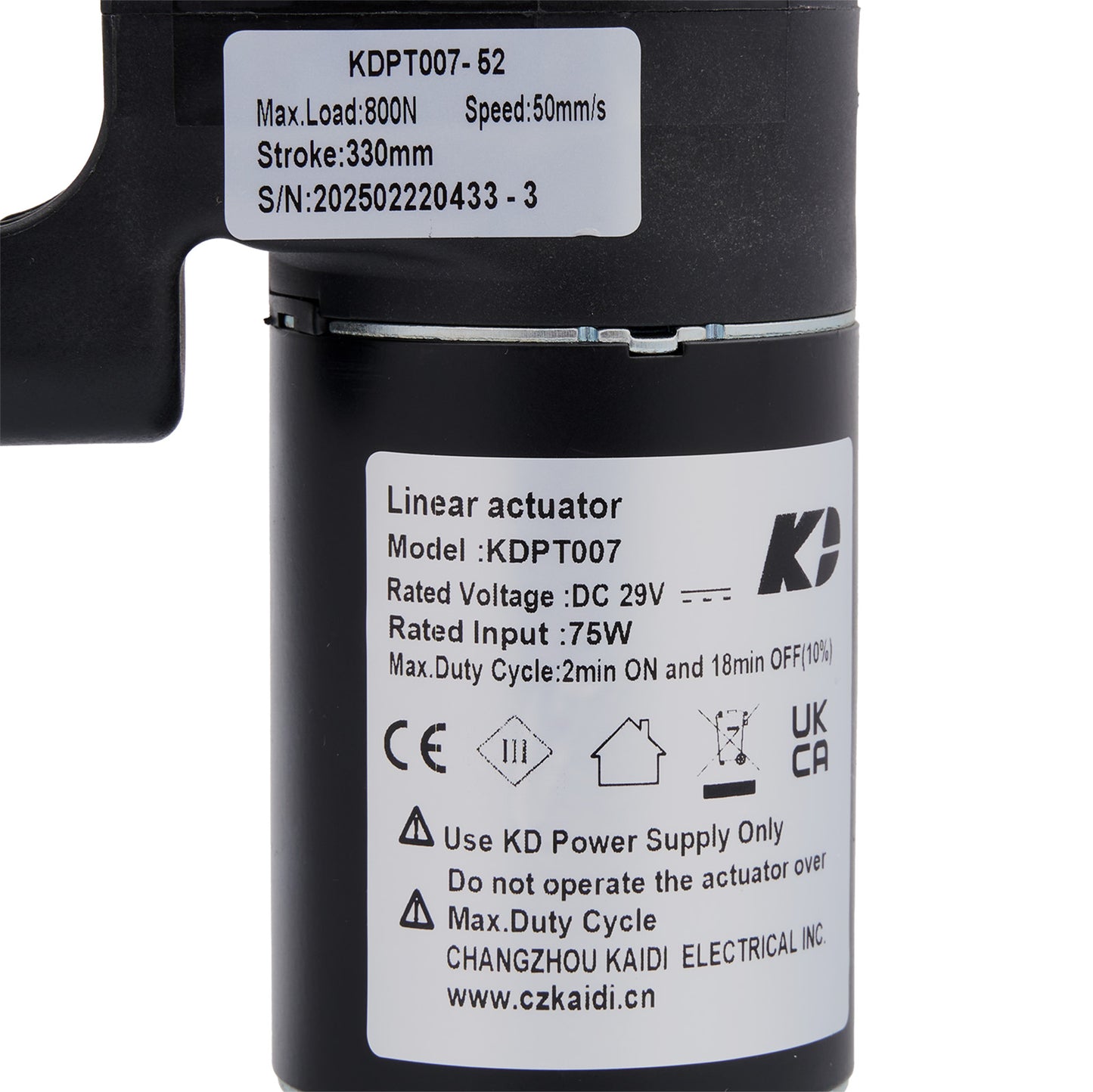 Linear actuator with specifications and branding on a white background