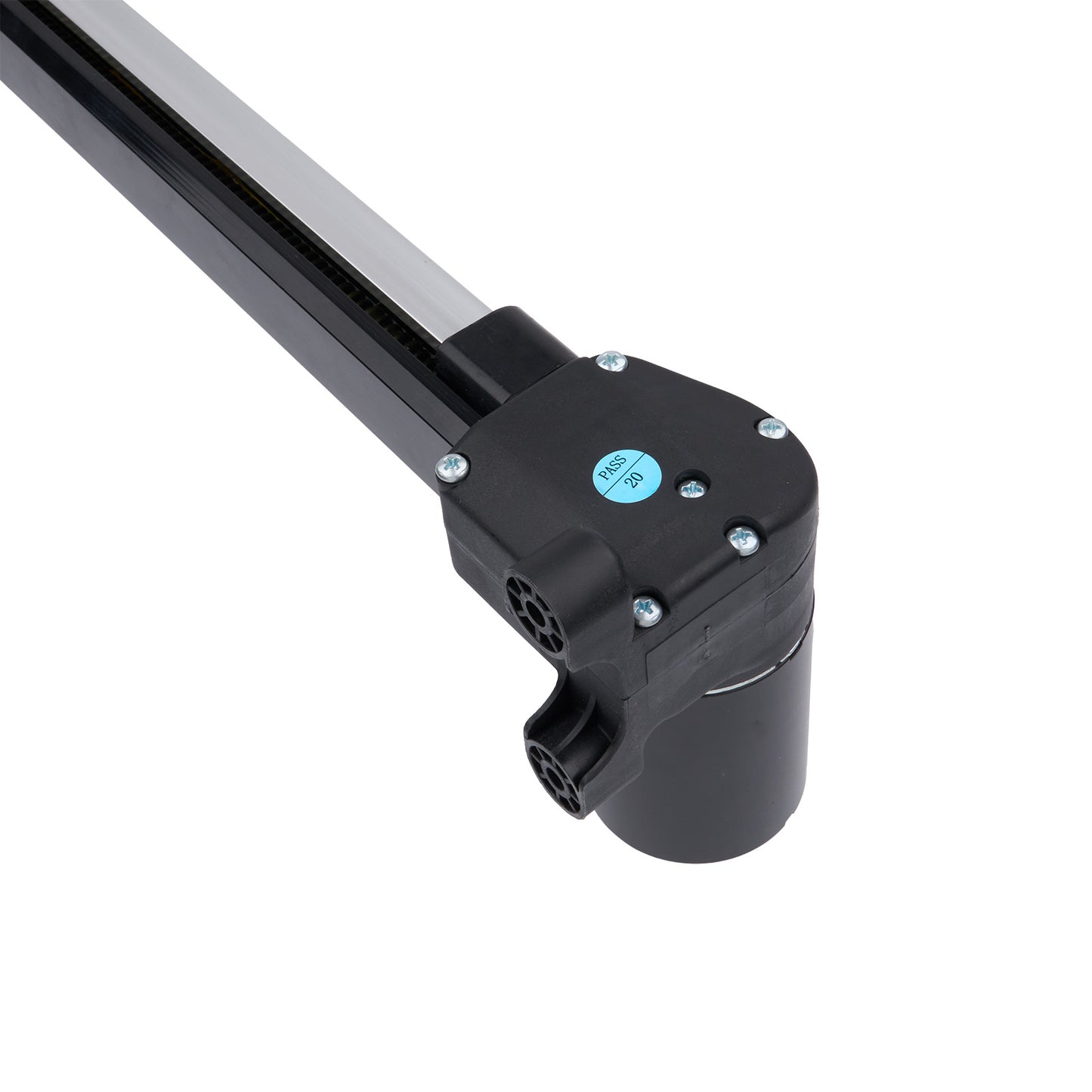 Black metal rod with cylindrical component on a white background