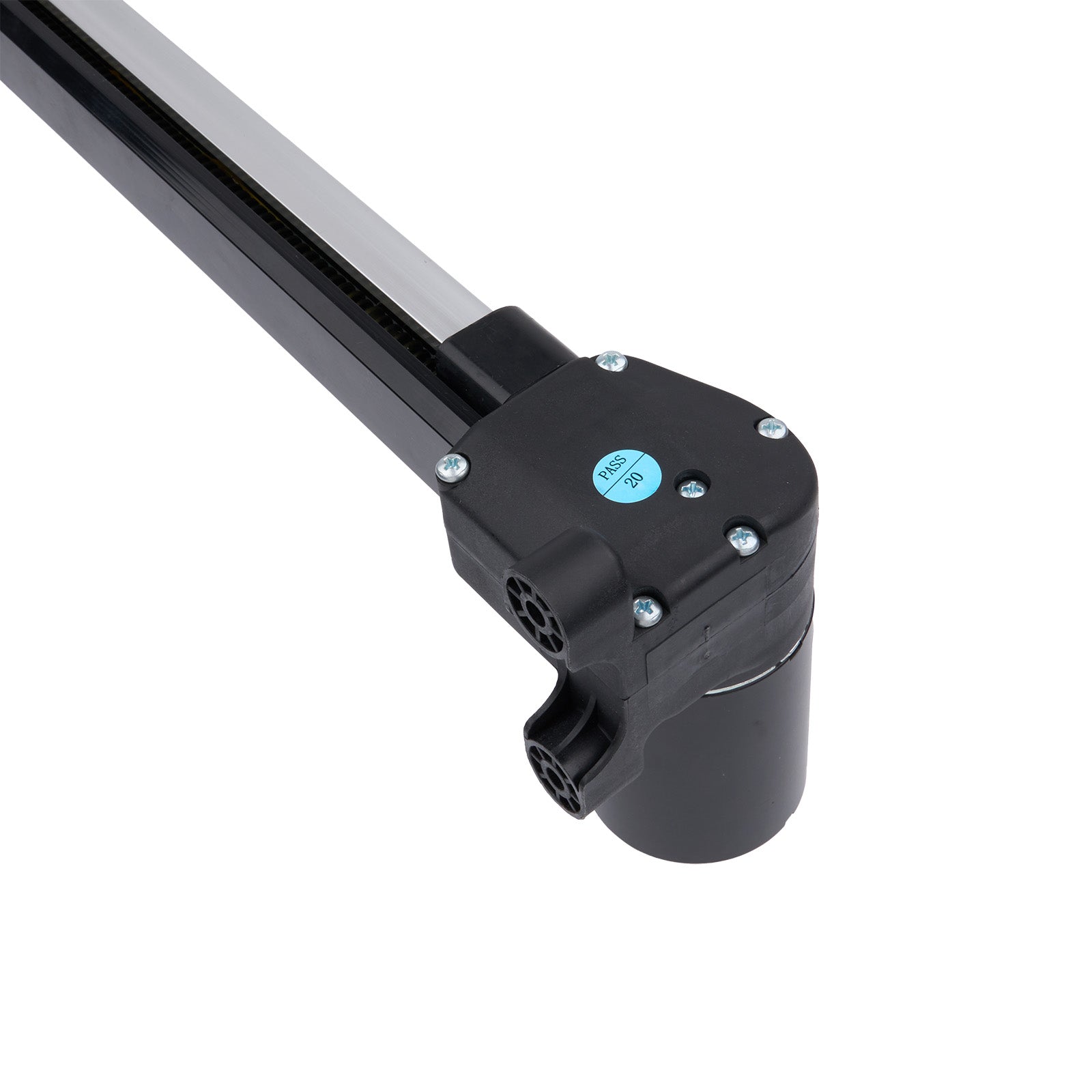 Black metal rod with cylindrical component on a white background